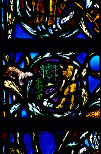 Pioneer Farmer and Cougar detail of window (1937) in Heinz Memorial Chapel, Pittsburgh, PA